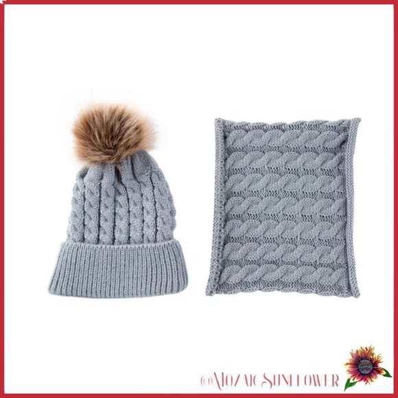NWT Toddler 2 Piece Hand Cable Knit Beige Hat Faux Fur Pom and Collar Scarf Grey - Picture 1 of 5